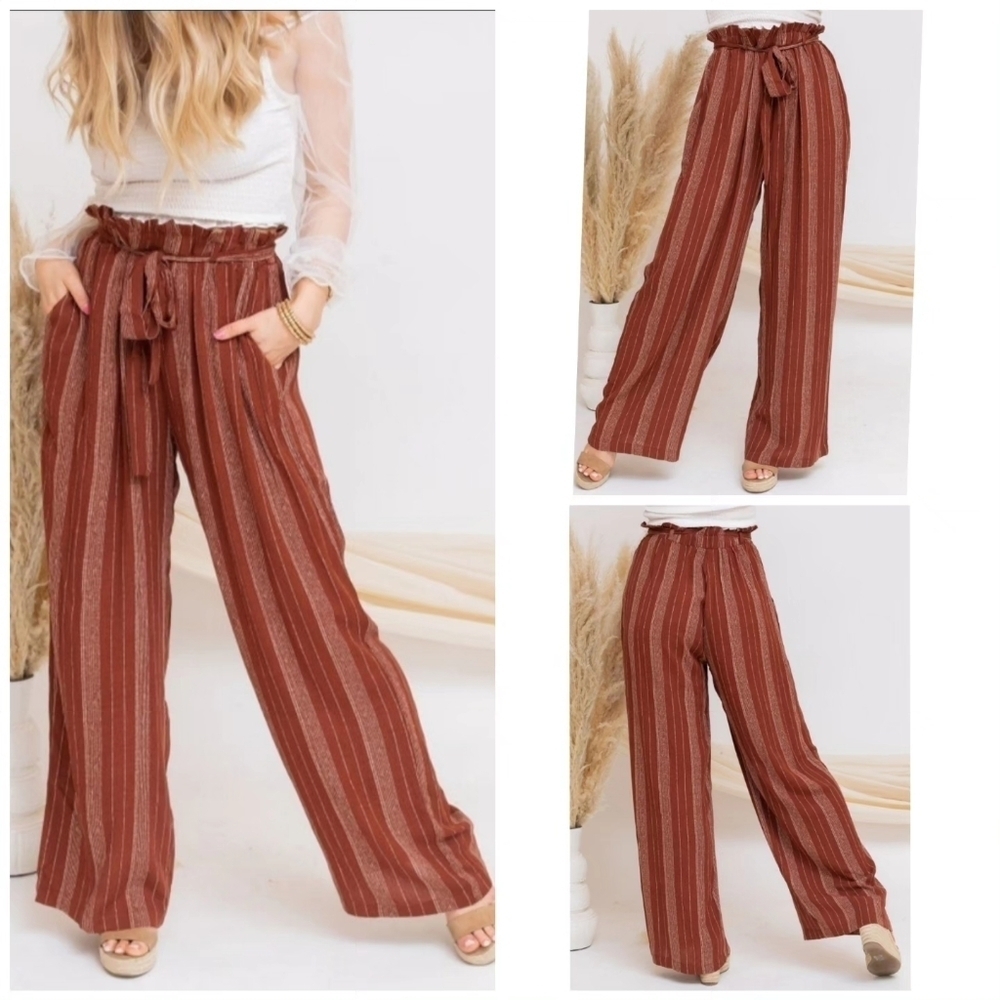 Boutique Remixmess Rust Pinstripe Wide Leg Pants w/ Pockets